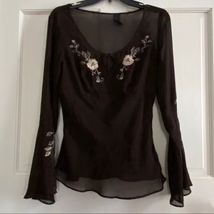Embroidered Sheer Brown Bell Sleeve Blouse